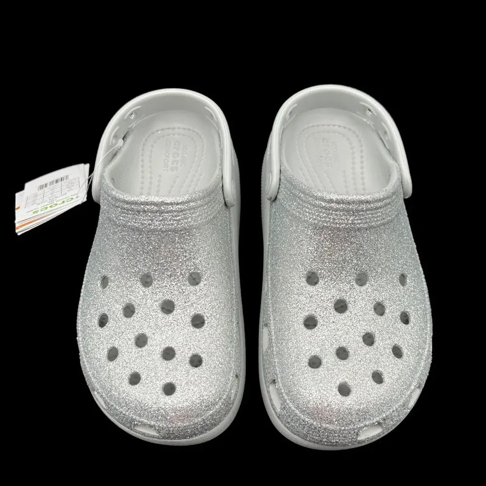 Crocs Youth Girls Platform Glitter Clog Size 2-3‎ Silver Slip-on Comfortable